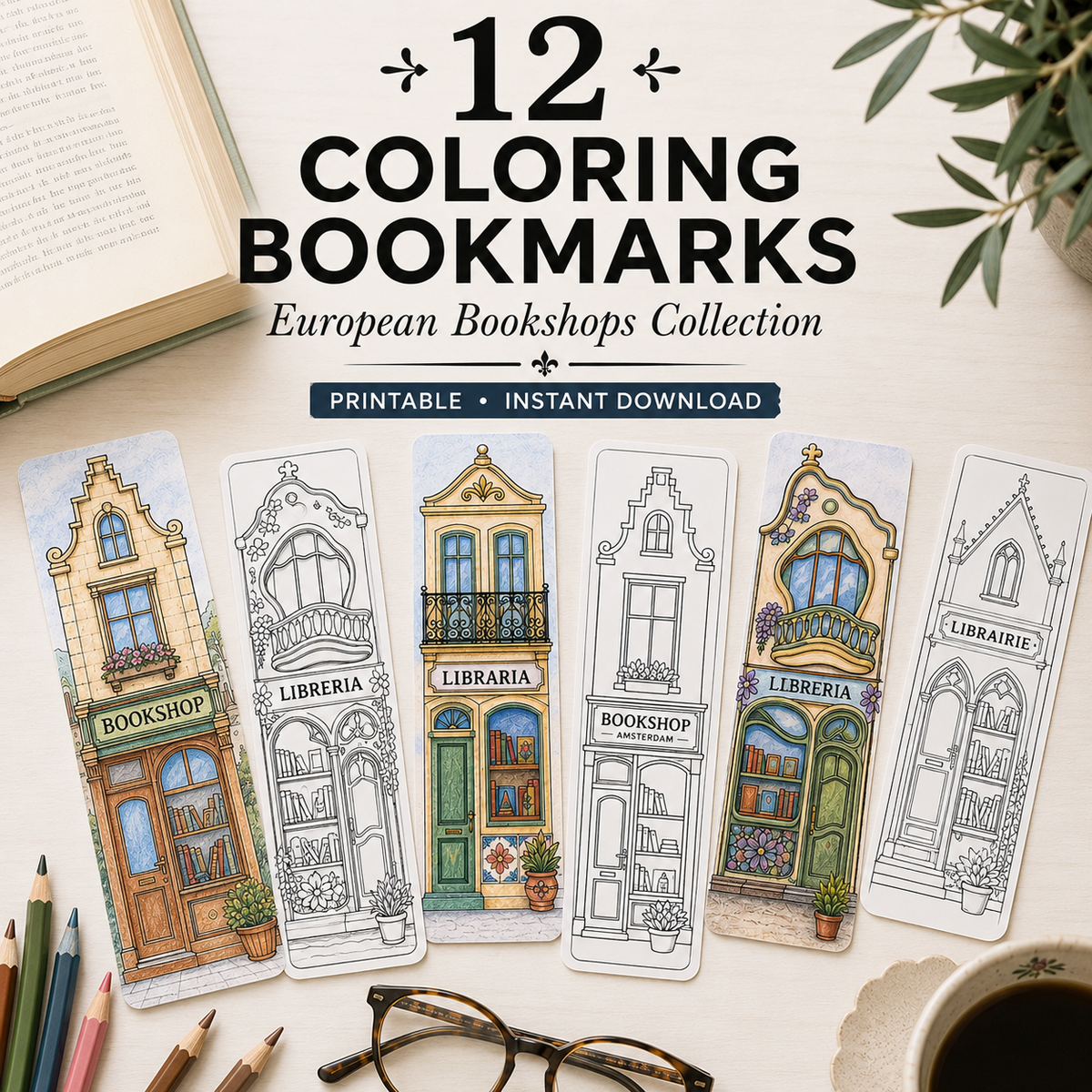 European Bookshop Coloring Bookmarks – 12 Designs | Printable PDF