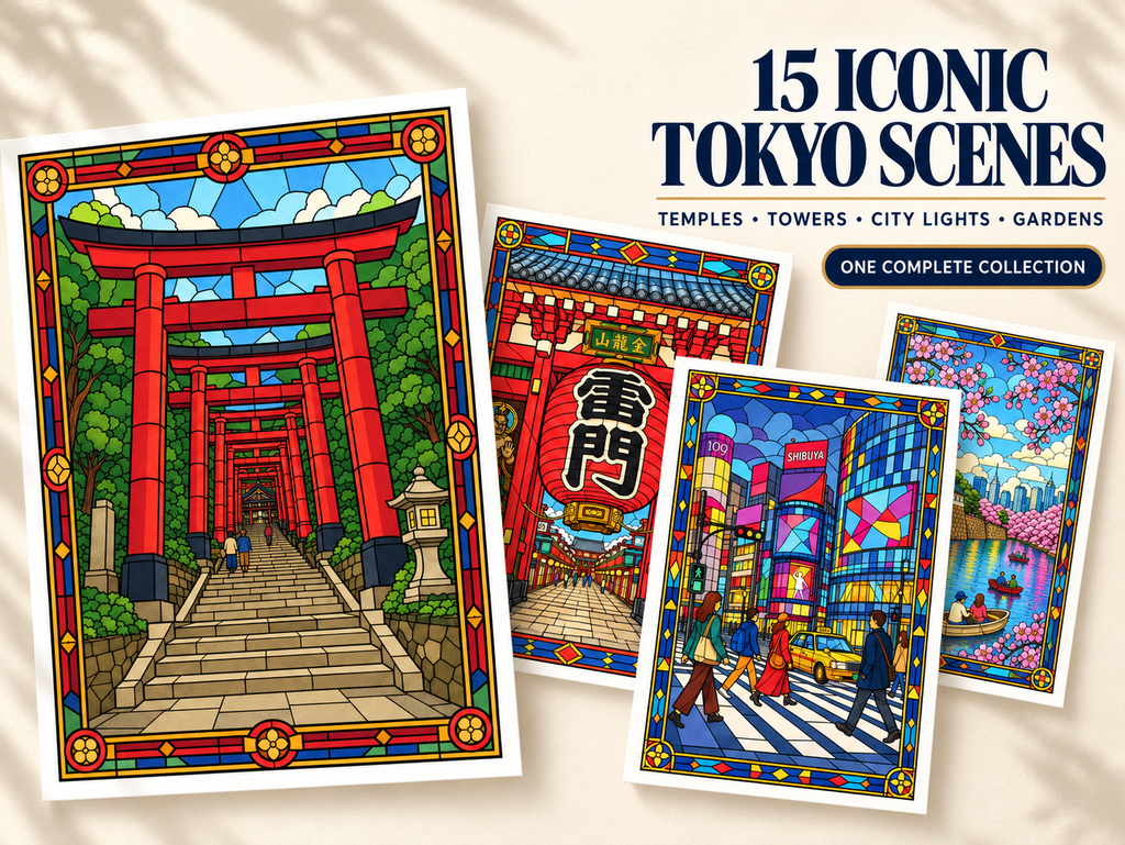 Tokyo Stained Glass Coloring Pages – 15 Designs | Printable PDF