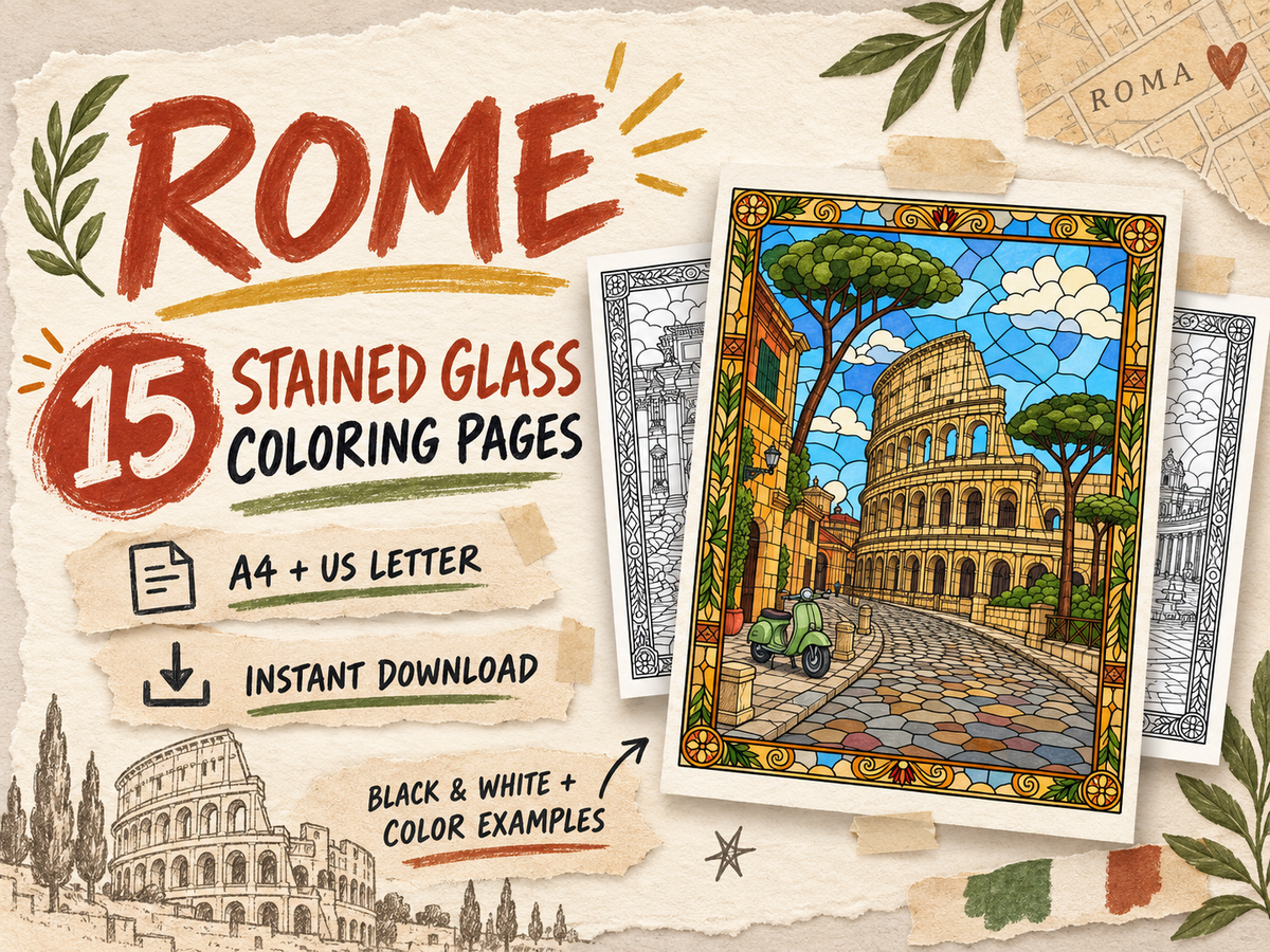 Rome Stained Glass Coloring Pages – 15 Designs | Printable PDF