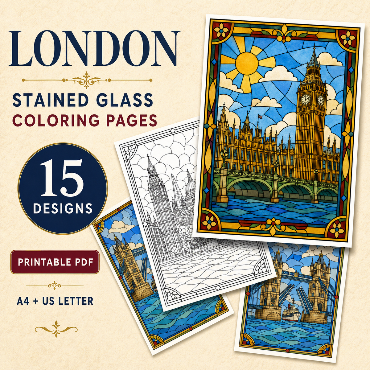 London Stained Glass Coloring Pages – 15 Designs | Printable PDF