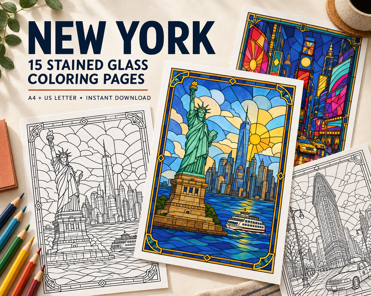 New York Stained Glass Coloring Pages – 15 Designs | Printable PDF