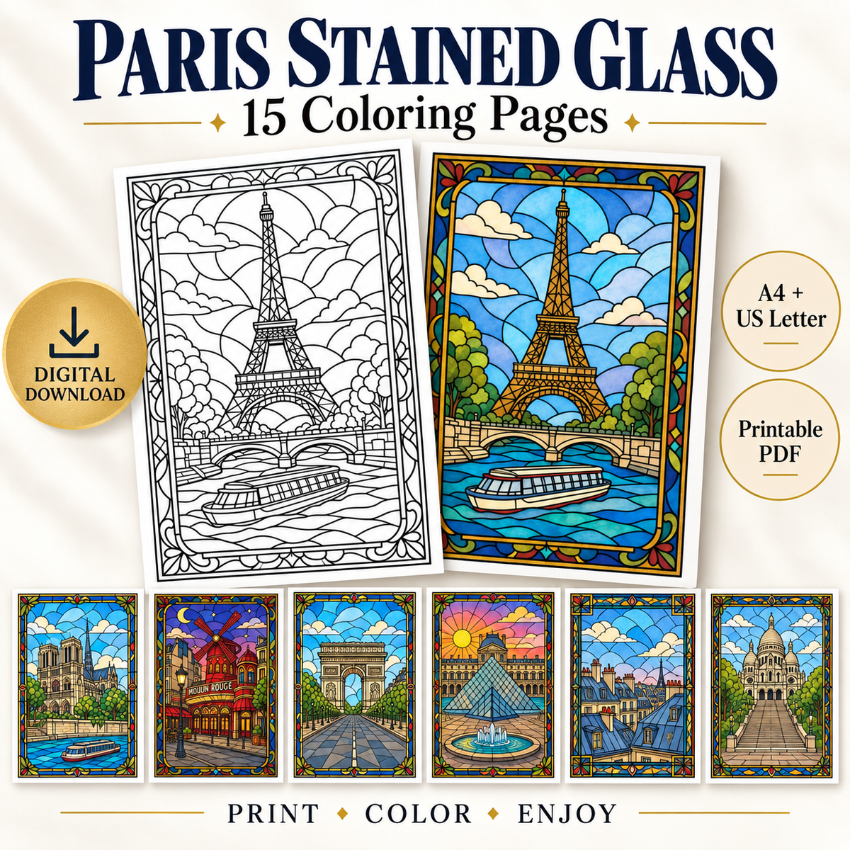 Paris Stained Glass Coloring Pages – 15 Designs | Printable PDF