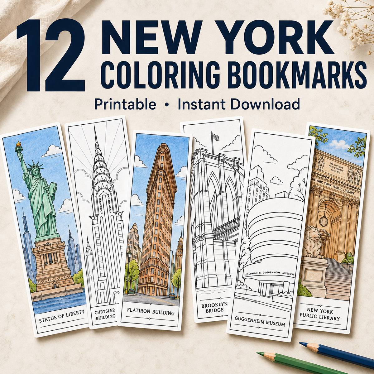 New York Coloring Bookmarks – 12 Designs | Printable PDF