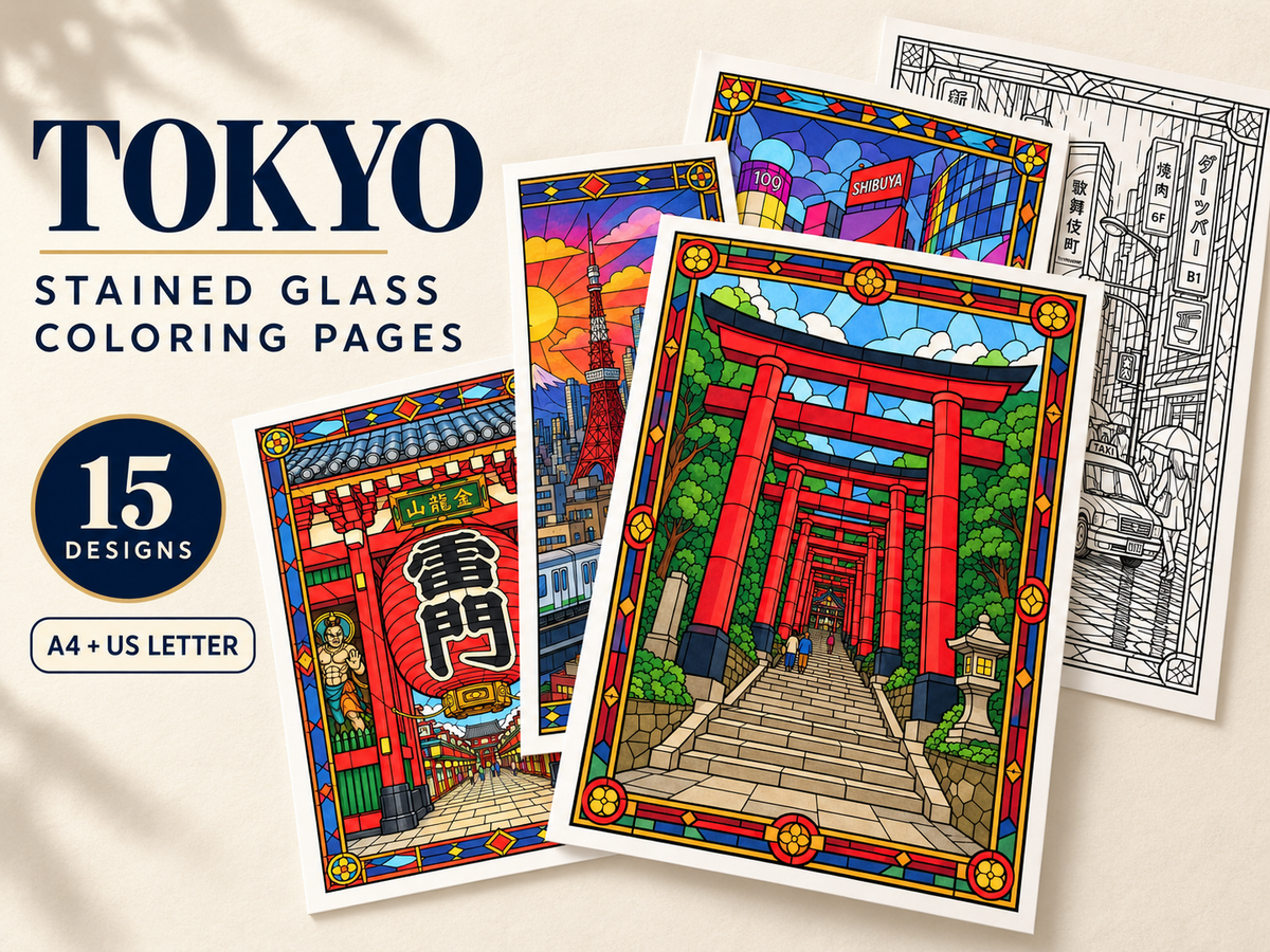 Tokyo Stained Glass Coloring Pages – 15 Designs | Printable PDF