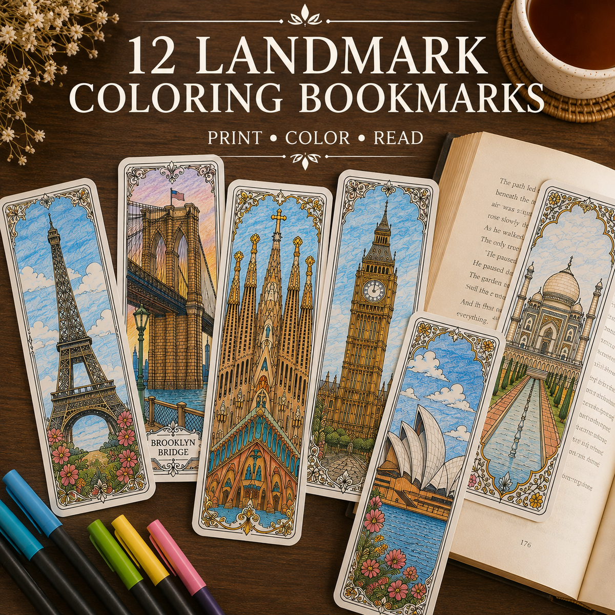 Famous World Landmarks, Architecture Coloring Bookmarks, 12 Designs | Printable PDF